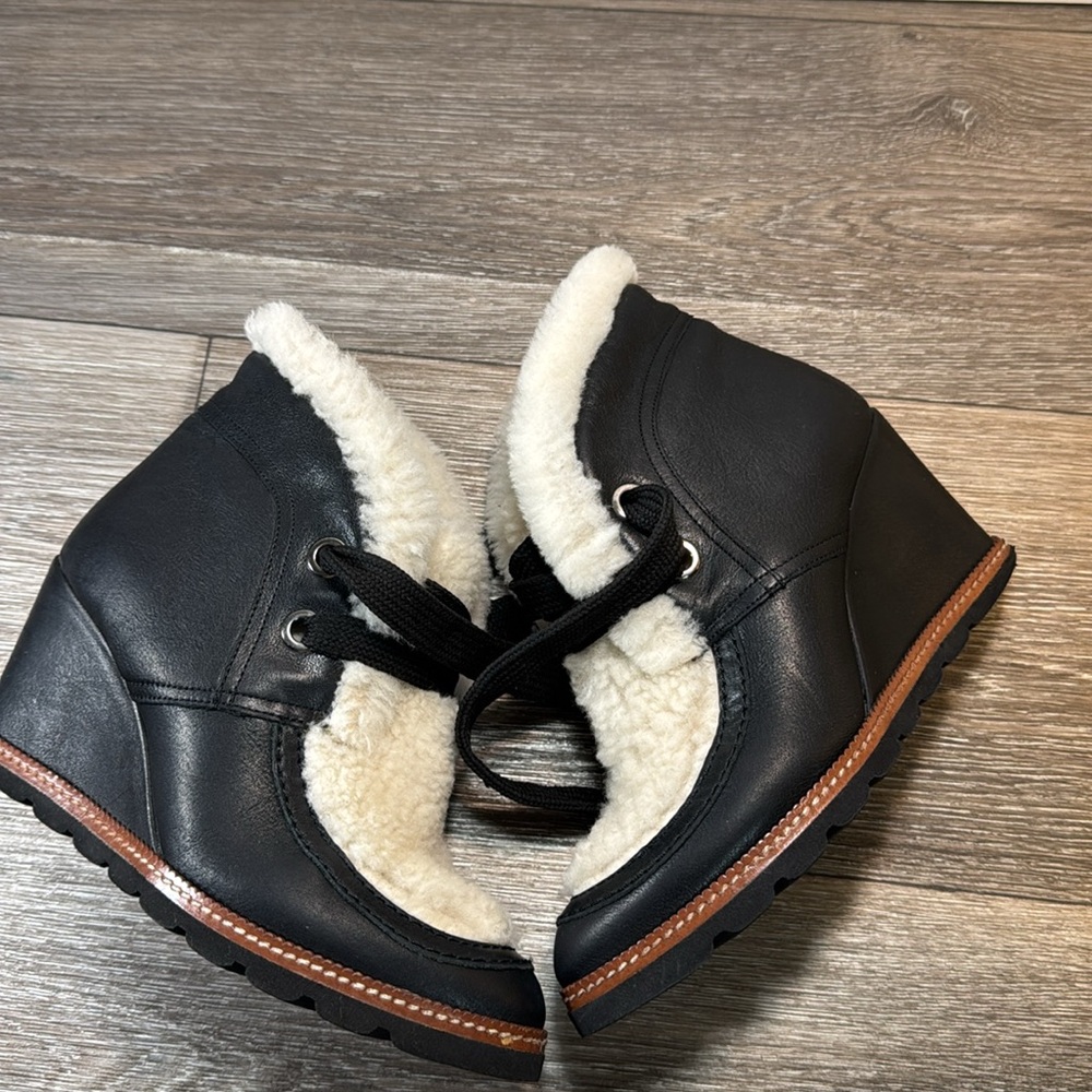 Fabianelli black leather wedges ankle boots woman’s size 7.5 (b13) - Picture 6 of 11